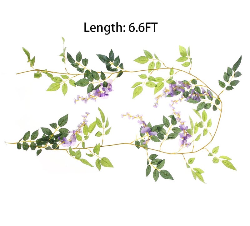 UUPP 2Pcs 6.6Ft Artificial Flowers Vines Silk Wisteria Artificial Garlands Fake Hanging Green Leaf Flower Ivy Vines for Home Garden Wedding Arch Decor, Purple - Image 5
